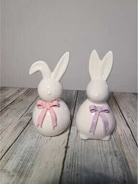 Ceramic Bunny Statues With Pink And Purple Bows